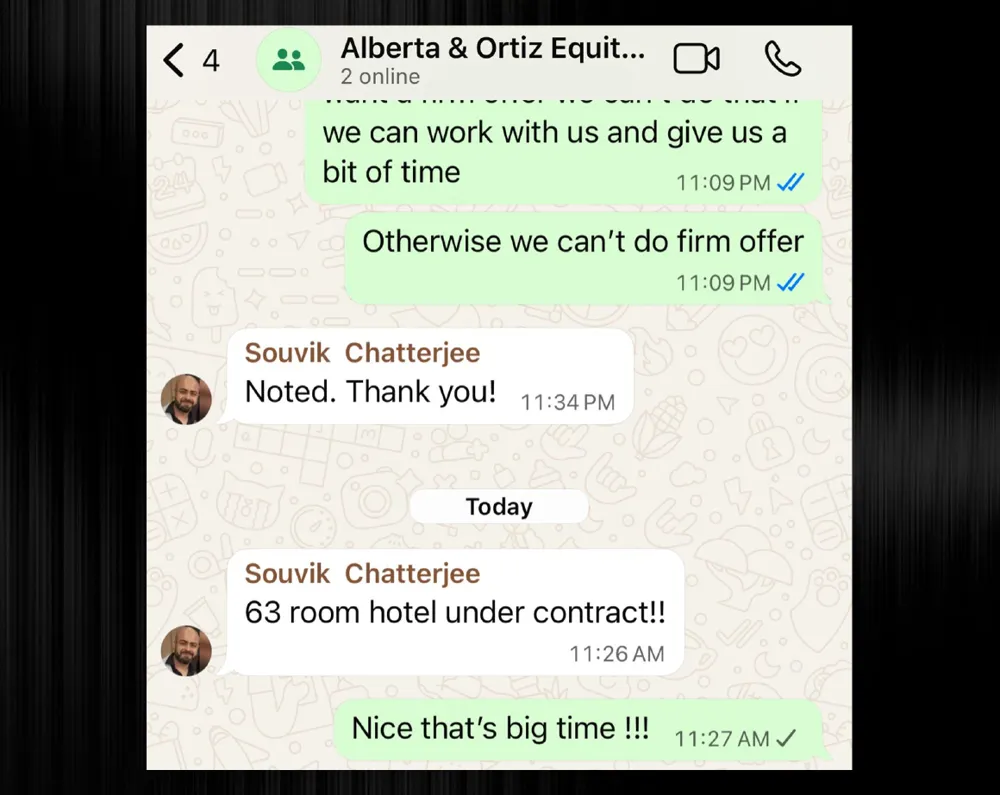 Souvik: “63 room hotel under contract!!”