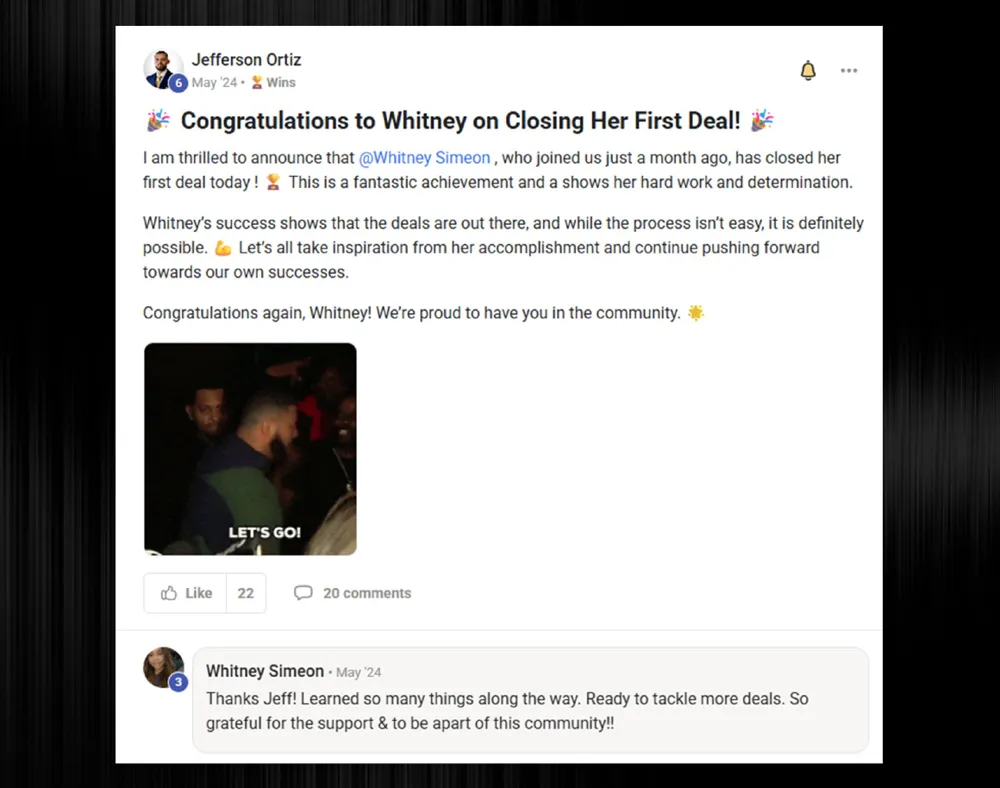 Whitney closes her first deal about a month after joining.